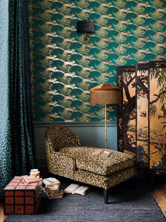 Photo of the fabric Trixie 8001 05 in situ by Romo. Use for Curtains, Upholstery, Accessory. Style of Animals And Birds, Velvet
