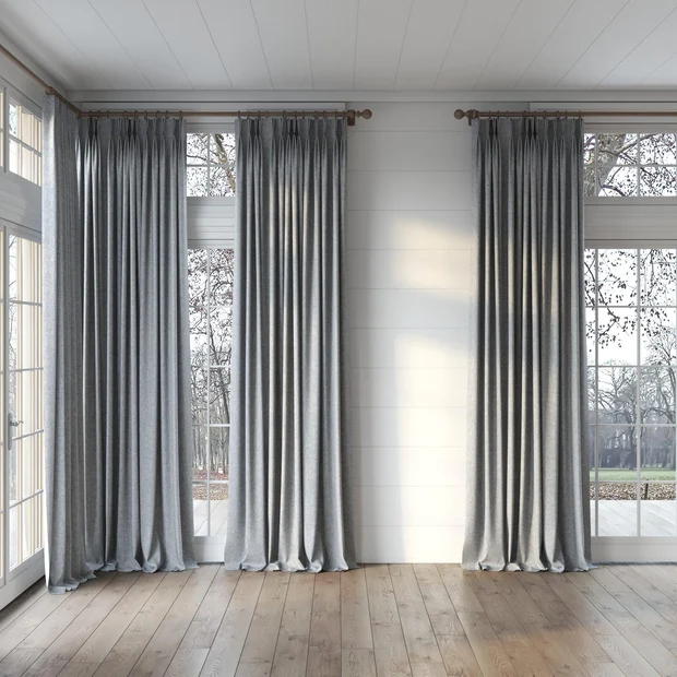 Photo of the fabric Avalon FR Blackout Steel swatch by James Dunlop Essentials. Use for Curtains. Style of Plain, Texture