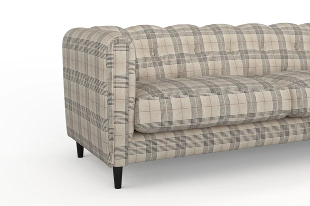 Photo of the fabric Jinda Natural swatch by James Dunlop. Use for Upholstery, Accessory, Top of Bed. Style of Checks, Texture
