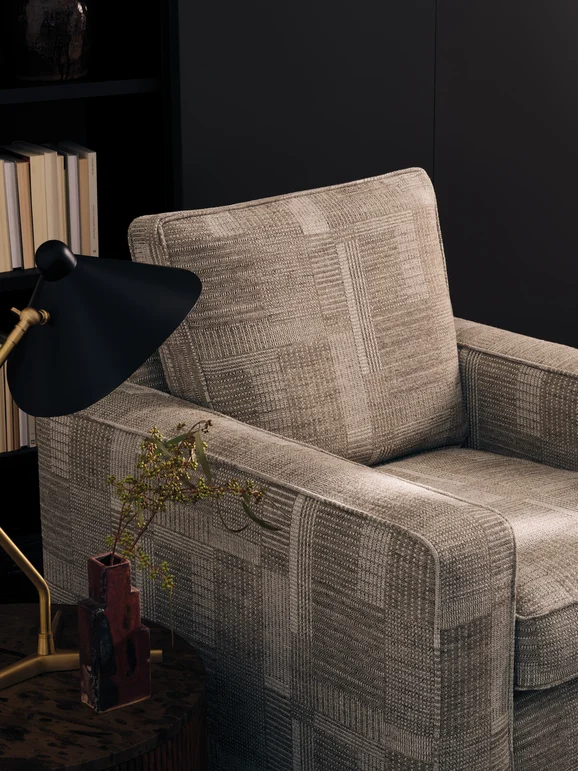 Photo of the fabric Manhattan M706 03 in situ by Mark Alexander. . Style of Geometric, Taffeta