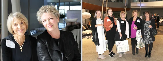 Left: Noeline Pannett (NP Design) and Leah Bradley (JDT).Right: Donne, Laura, Maree, Caroline and Judy Donald (Lewis's Home Fabrics).
