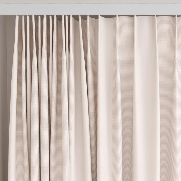 Photo of the fabric Borneo Uncoated Blush swatch by James Dunlop. Use for Curtains, Accessory, Top of Bed. Style of Stripe