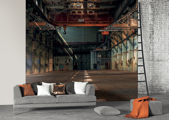 Photo of the fabric Lost In The Factory Panel 8504 95 25 in situ by Casadeco. Use for Wall Covering, Wall Panel/Mural