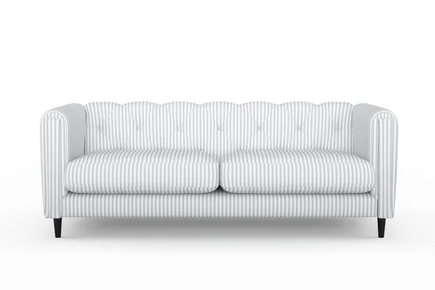Photo of the fabric Ticking Stripe Stone swatch by James Dunlop. Use for Upholstery, Accessory. Style of Stripe, Taffeta
