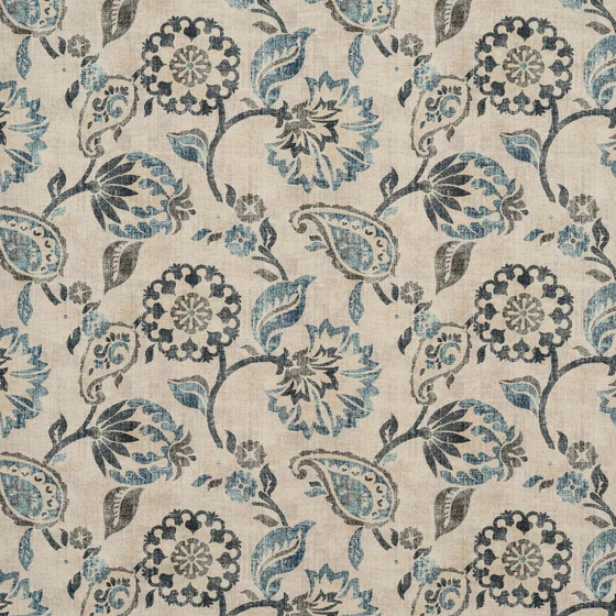 Photo of the fabric Sylvie Denim swatch by Zepel. Use for Upholstery, Accessory. Style of Floral And Botannical