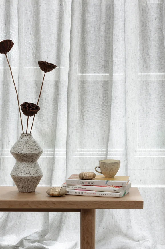 Photo of the fabric Enso Silver in situ by Mokum. Use for Sheer Curtains. Style of Plain, Sheer
