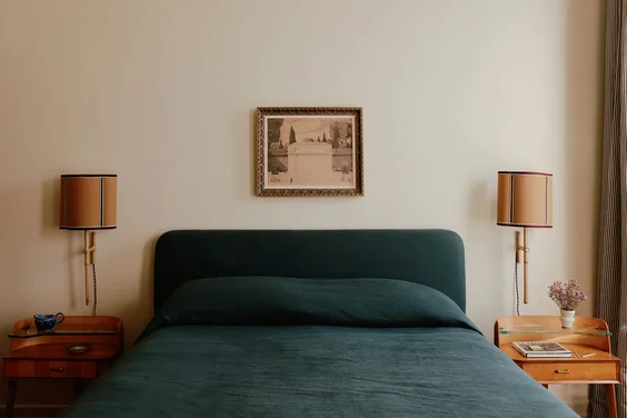 Bedhead & bedding in Satori Stonewash colour Petrol by Mokum | Interior by Hayley Bridget Interiors | Photograph by William Jess Laird and sourced from Pinterest