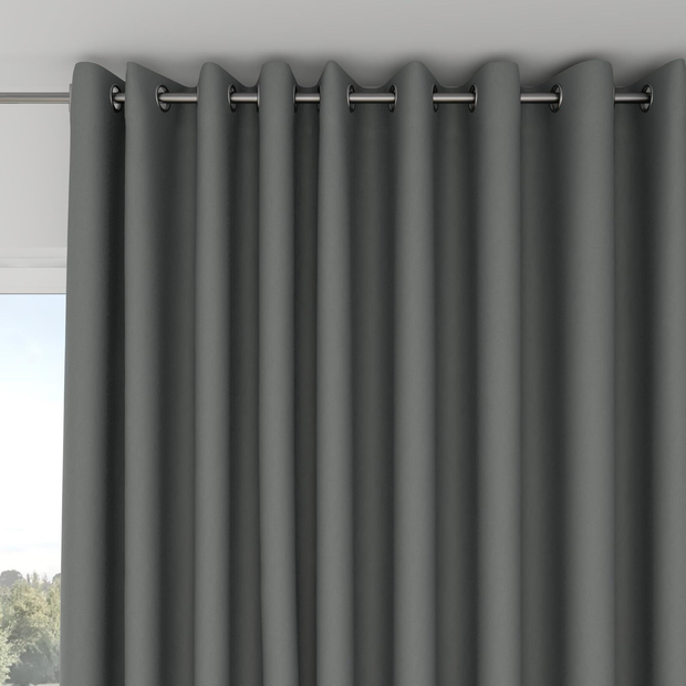Photo of the fabric Satori Stonewash Slate swatch by Mokum. Use for Curtains, Upholstery Light Duty, Accessory, Top of Bed. Style of Plain, Texture
