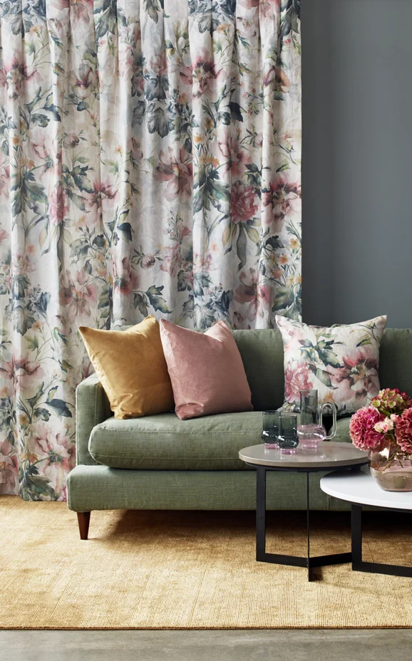 Photo of the fabric Leila Nectar in situ by James Dunlop. Use for Curtains, Accessory. Style of Floral And Botannical, Print