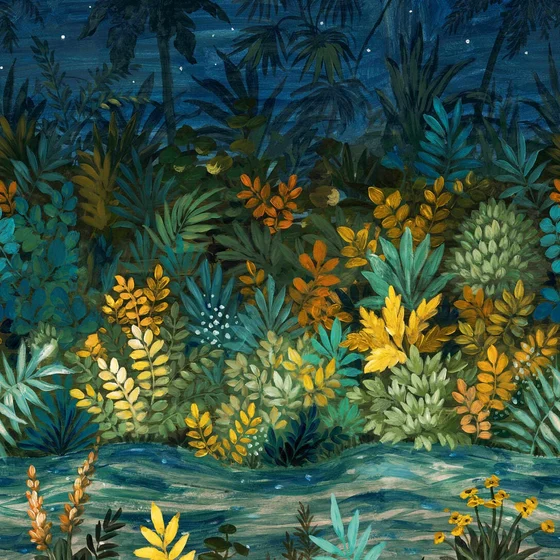 Photo of the fabric Nuit Etoilee Wpanel 7640 7640 1324 swatch by Casamance. Use for Wall Covering, Wall Panel/Mural. Style of Floral And Botannical, Print