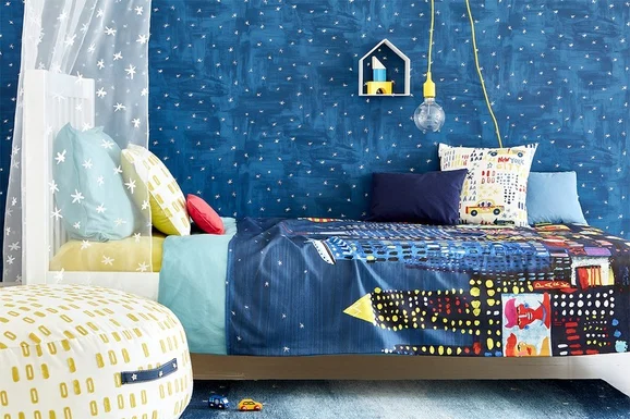 Photo of the fabric Twinkle Twinkle Wallpaper W581 Turquoise in situ by Villa Nova. Use for Wall Covering. Style of Abstract, Uncoated Non-Woven