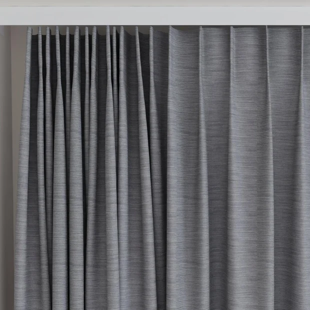 Photo of the fabric Borneo Uncoated Slate swatch by James Dunlop. Use for Curtains, Accessory, Top of Bed. Style of Stripe