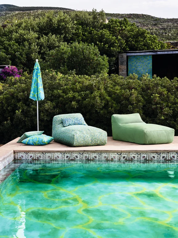 Photo of the fabric Spadillo Outdoor Z610 01 in situ by Zinc. Use for Upholstery, Accessory. Style of Stripe