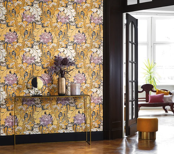 Photo of the fabric Jane Wallpaper 8406 8406 91 01 in situ by Casadeco. Use for Wall Covering. Style of Floral And Botannical