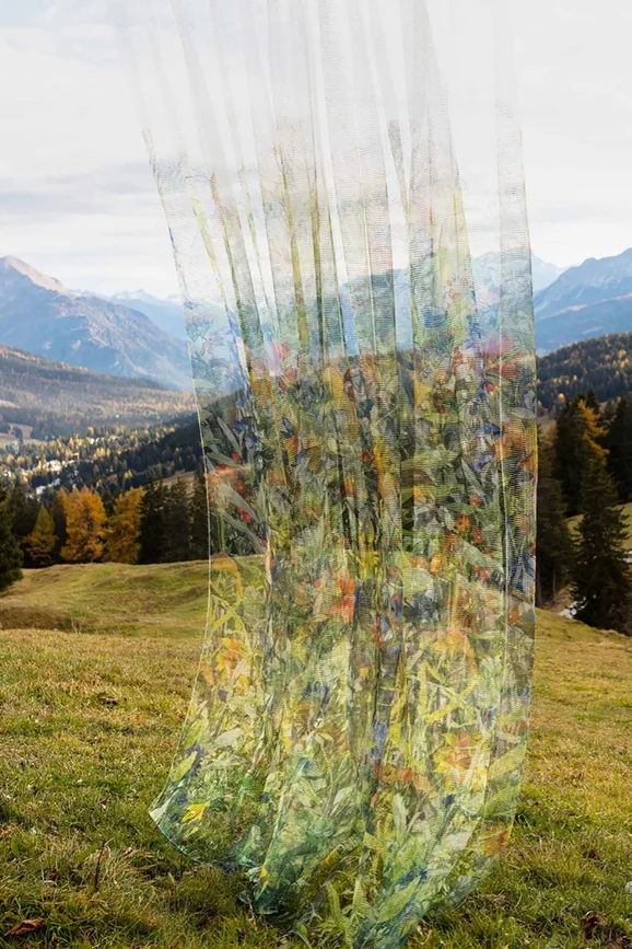 Photo of the fabric Filomena 14687 704 in situ by Fischbacher 1819. Use for Sheer Curtains. Style of Sheer