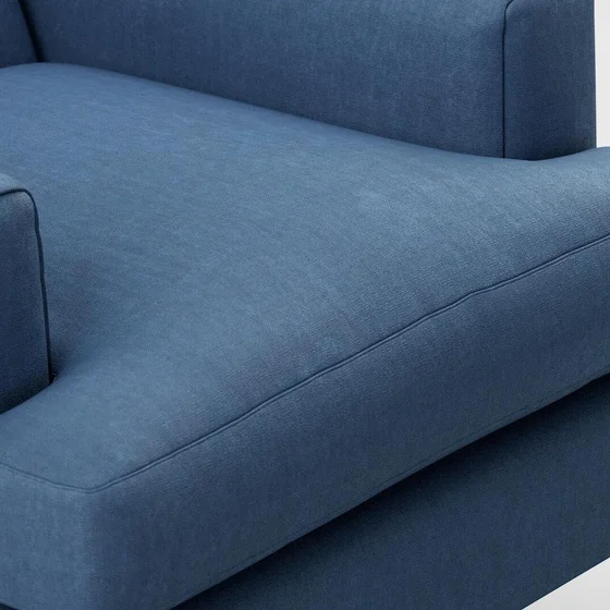 Photo of the fabric Matheson Denim swatch by James Dunlop Essentials. Use for Curtains, Upholstery, Accessory, Top of Bed. Style of Plain, Texture