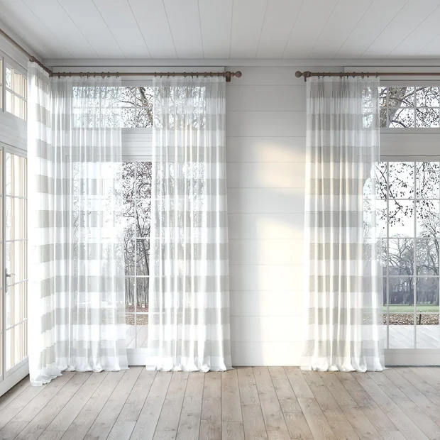 Photo of the fabric Long Beach Oyster swatch by James Dunlop. Use for Sheer Curtains. Style of Sheer, Stripe