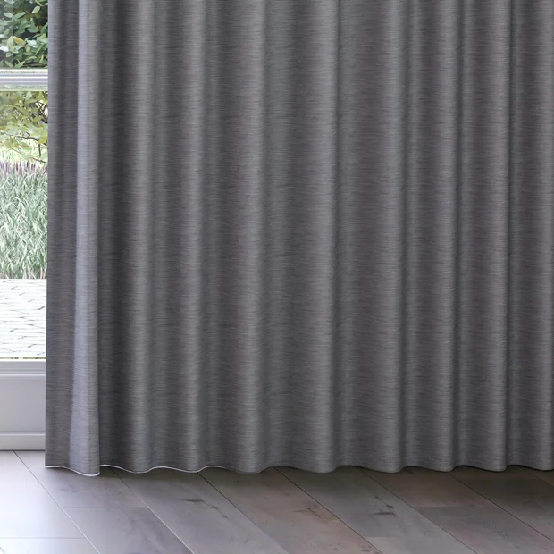 Photo of the fabric Borneo Uncoated Slate swatch by James Dunlop. Use for Curtains, Accessory, Top of Bed. Style of Stripe