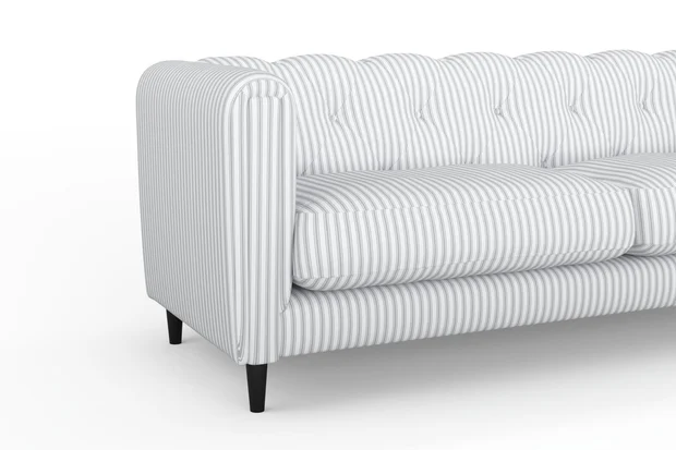 Photo of the fabric Ticking Stripe Stone swatch by James Dunlop. Use for Upholstery, Accessory. Style of Stripe, Taffeta