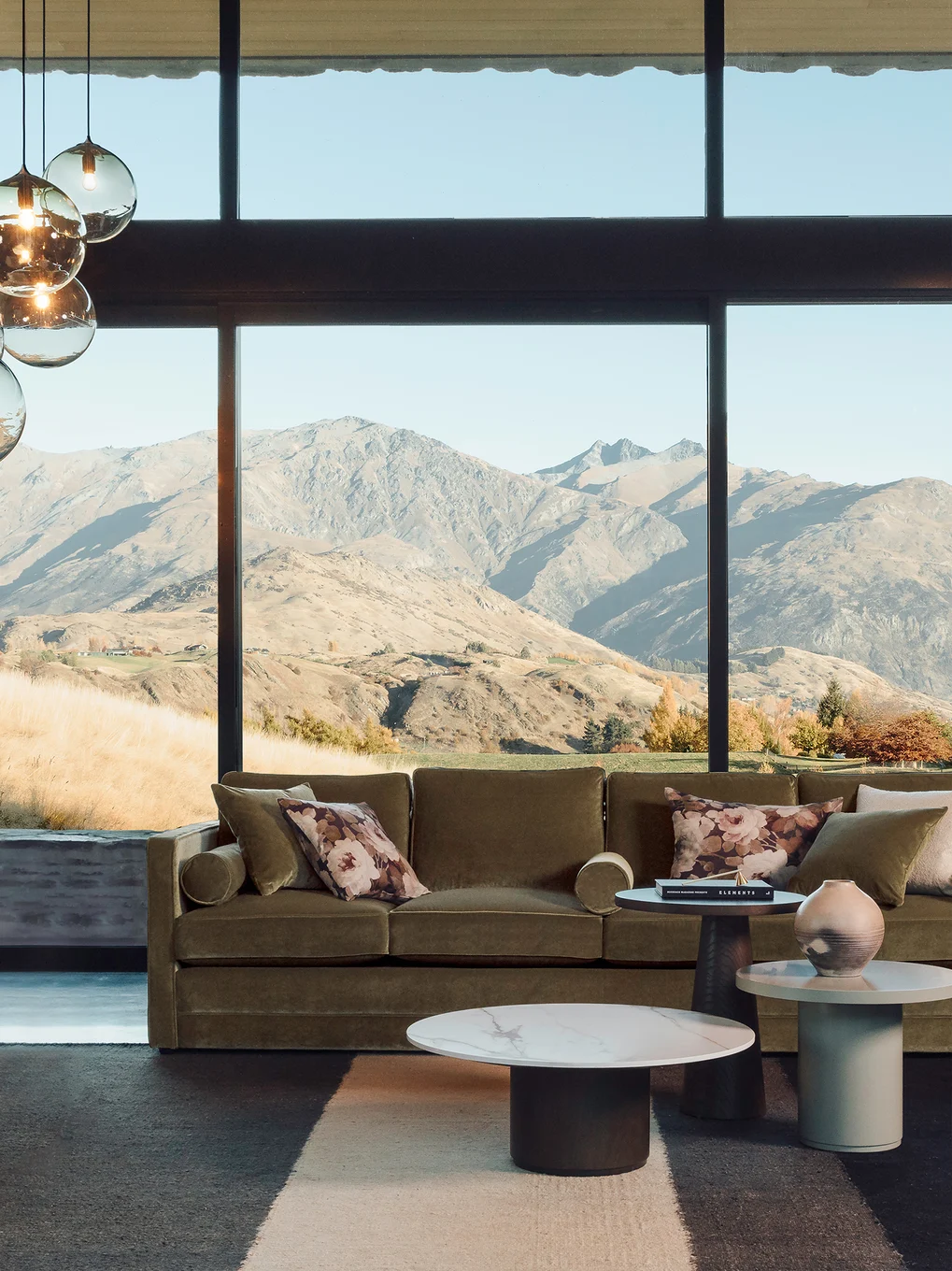 Pablo Sofa in Vienna colour Elm, cushions in Victoria colour Imperial & Alpine colour Merino all by James Dunlop