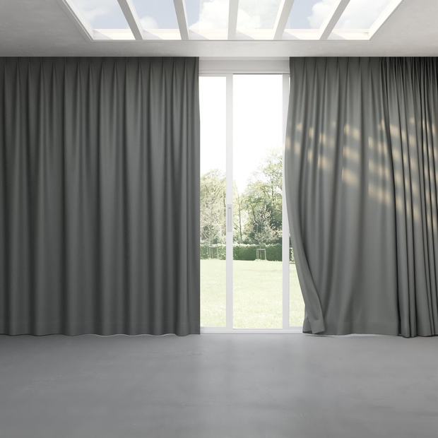 Photo of the fabric Satori Stonewash Slate swatch by Mokum. Use for Curtains, Upholstery Light Duty, Accessory, Top of Bed. Style of Plain, Texture