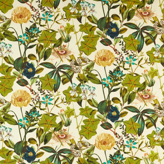Photo of the fabric Passiflora Outdoor F1672 1 swatch by Clarke & Clarke. . Style of Floral And Botannical