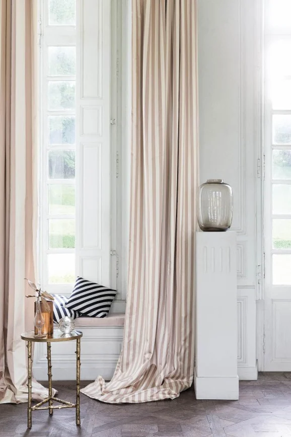 Photo of the fabric Ahead Griffin in situ by James Dunlop Essentials. Use for Curtains, Upholstery, Accessory, Top of Bed. Style of Stripe, Taffeta
