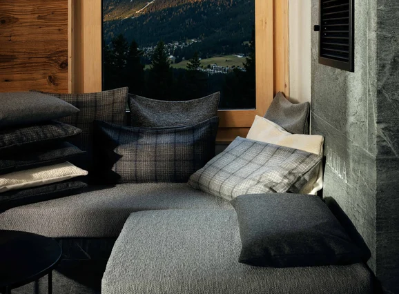 Photo of the fabric Benu Structure 14677 706 in situ by Fischbacher 1819. Use for Curtains, Upholstery, Accessory. Style of Plain, Texture