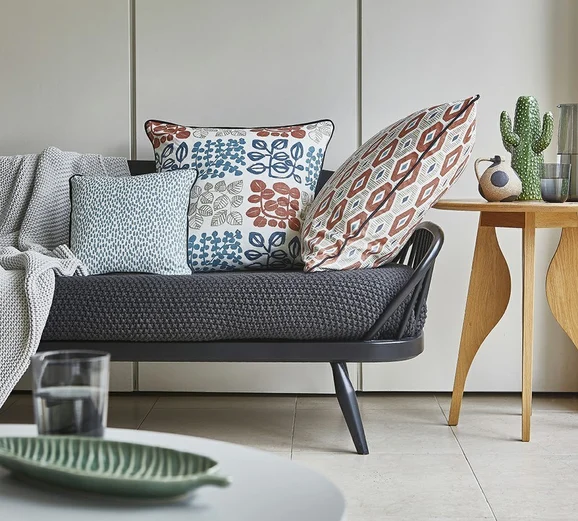 Photo of the fabric Explore 01 Indigo in situ by James Dunlop Essentials. Use for Curtains, Accessory, Top of Bed