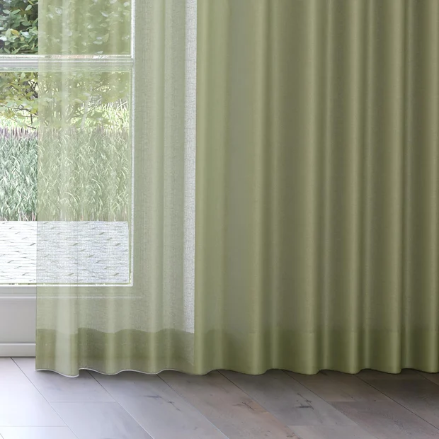 Photo of the fabric Kanso Stonewash Green Tea swatch by Mokum. Use for Sheer Curtains. Style of Plain, Sheer