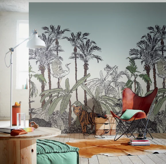 Photo of the fabric La Jungle Enchantee W/Pan 10243 32 96 in situ by Casadeco. Use for Wall Covering. Style of Floral And Botannical
