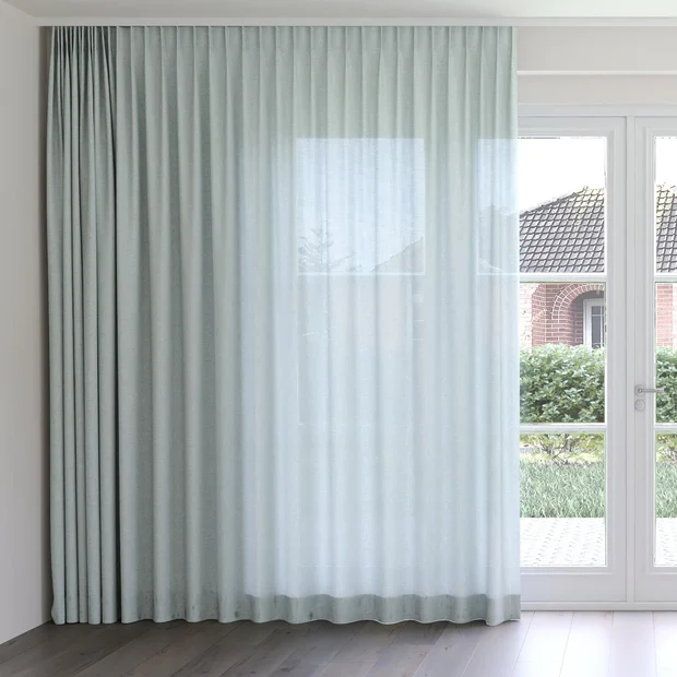 Photo of the fabric Envoy 2 Surf 320cm swatch by James Dunlop Essentials. Use for Curtains, Accessory, Top of Bed. Style of Plain, Texture