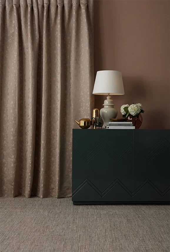 Photo of the fabric Cherry Blossom Diamond in situ by James Dunlop. Use for Curtains, Upholstery Light Duty, Accessory. Style of Floral And Botannical