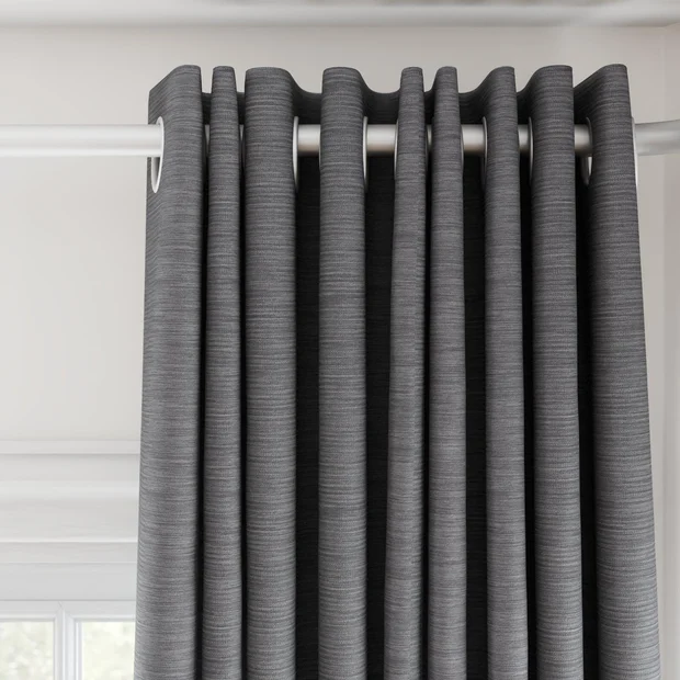 Photo of the fabric Borneo Uncoated Slate swatch by James Dunlop. Use for Curtains, Accessory, Top of Bed. Style of Stripe