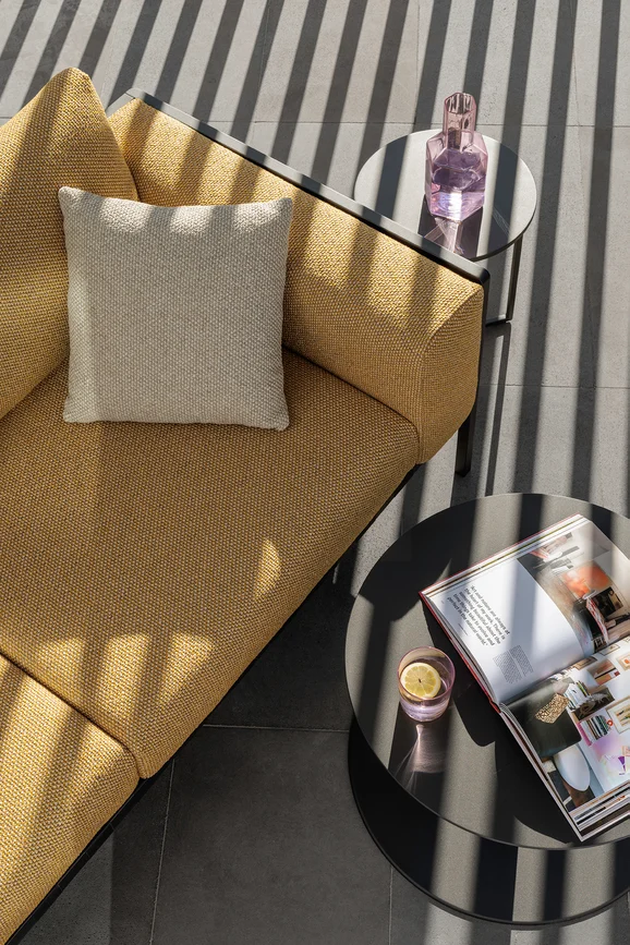 Photo of the fabric Ostuni Pumice in situ by Mokum. Use for Upholstery, Accessory. Style of Plain, Texture