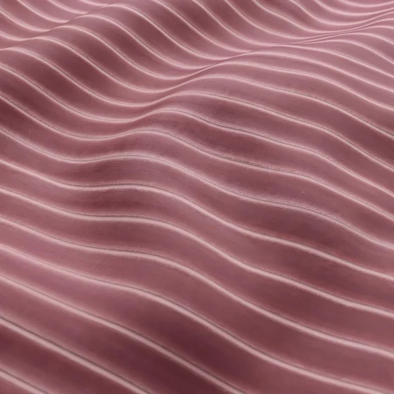 Photo of the fabric Cordial Blush swatch by Zepel FibreGuard. Use for Curtains, Upholstery, Accessory, Top of Bed. Style of Stripe, Velvet