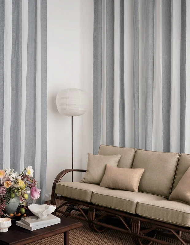 Photo of the fabric Kyoto Stripe Chambray in situ by James Dunlop. Use for Curtains. Style of Stripe, Texture