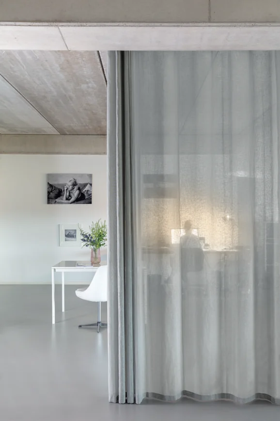 Photo of the fabric Draper Blossom in situ by Zepel. Use for Sheer Curtains. Style of Plain, Sheer