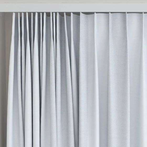 Photo of the fabric Borneo Uncoated Cloud swatch by James Dunlop. Use for Curtains, Accessory, Top of Bed. Style of Stripe
