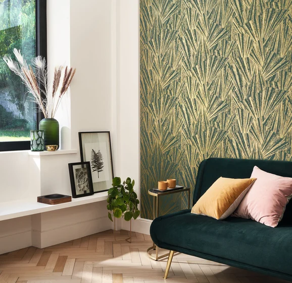 Photo of the fabric Eclat Foil Wallpaper 8574 8574 65 35 in situ by Casadeco. Use for Wall Covering. Style of Floral And Botannical