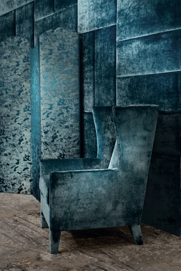 Photo of the fabric Orbit Z100 07 in situ by Zinc. Use for Curtains, Upholstery, Accessory, Top of Bed. Style of Plain, Velvet