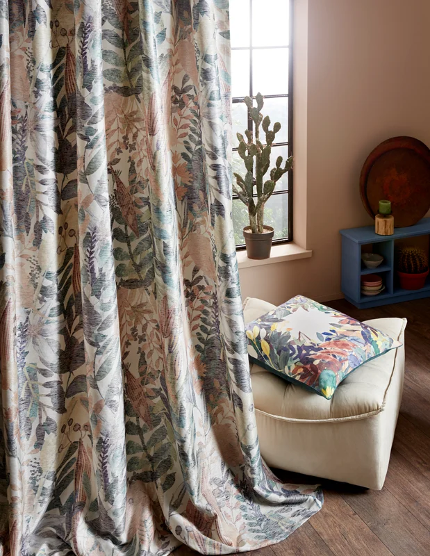 Photo of the fabric Estival 14642 205 in situ by Fischbacher 1819. Use for Curtains, Accessory. Style of Floral And Botannical