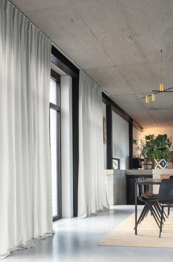Photo of the fabric Charlton Dune in situ by James Dunlop Essentials. Use for Sheer Curtains. Style of Plain, Sheer