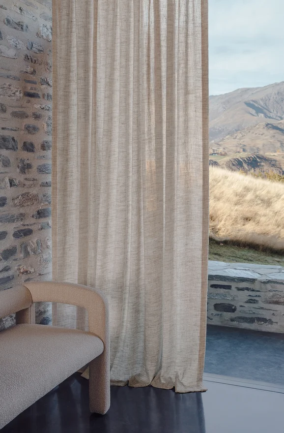 Photo of the fabric Homespun Whitewash in situ by James Dunlop. Use for Sheer Curtains. Style of Plain, Sheer