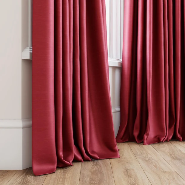 Photo of the fabric Luxe Sangria swatch by James Dunlop Essentials. Use for Curtains, Accessory, Top of Bed. Style of Plain, Texture