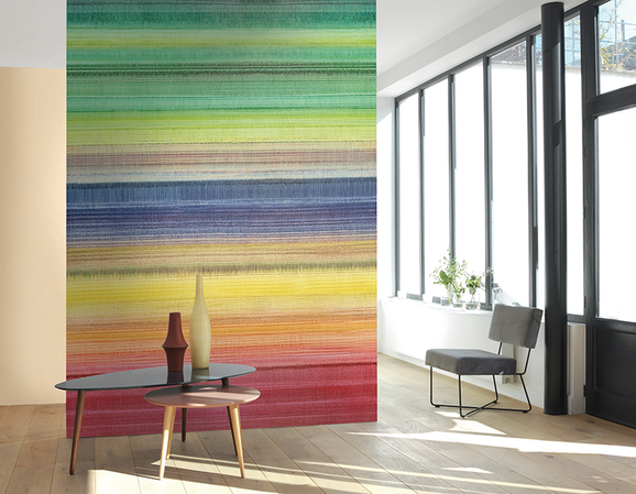 Photo of the fabric Multistripe Panel 8491 8491 24 28 in situ by Casadeco. Use for Wall Covering, Wall Panel/Mural