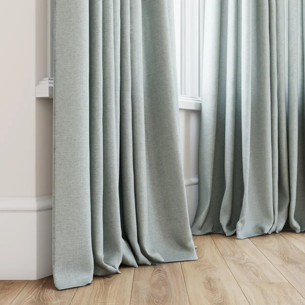 Photo of the fabric Envoy 2 Mist 320cm swatch by James Dunlop Essentials. Use for Curtains, Accessory, Top of Bed. Style of Plain, Texture
