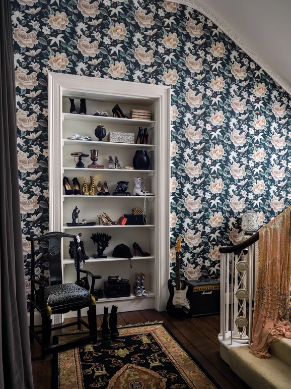 Photo of the fabric Lavinia Matte W459 01 in situ by Romo. Use for Wall Covering. Style of Floral And Botannical