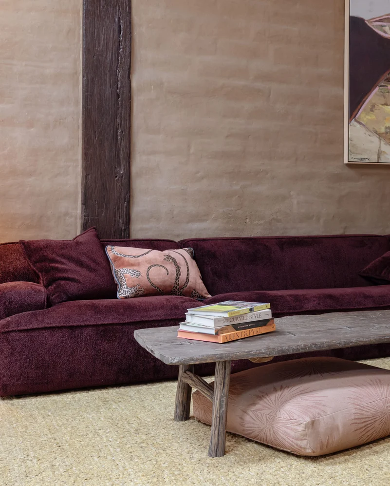 Big Easy Sofa by Molmic in Modernist colour Burgundy by Mokum, cushion in Panthera colour Whisky by Catherine Martin by Mokum | Photograph by Bianca Todd