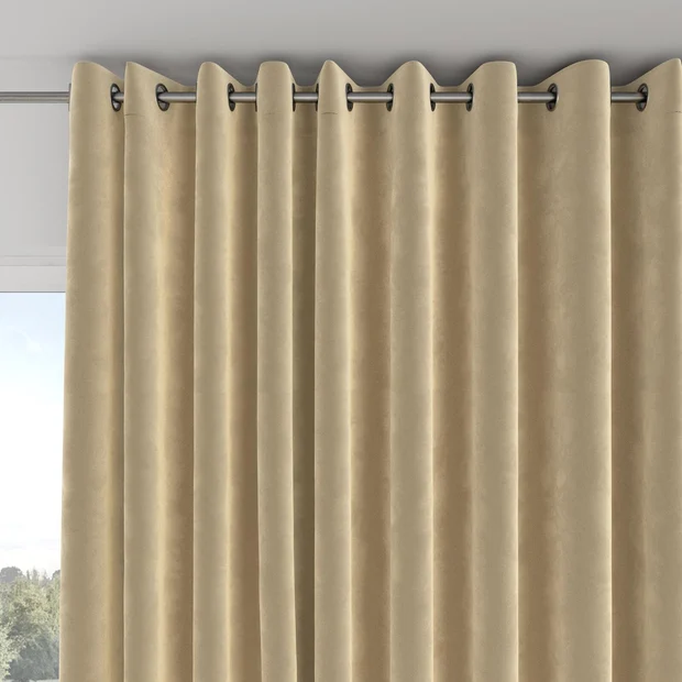 Photo of the fabric Velvelux Caramel swatch by Mokum FibreGuard. Use for Curtains, Upholstery, Accessory, Top of Bed. Style of Plain, Velvet